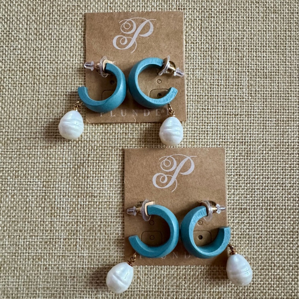 Plunder Teal Wood and Pearl Hoop Earrings